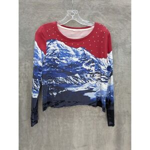 Mountain Print Top Women Medium Studded Crop Landscape Raw Hem Ski Statement